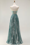Metallic Grey Green A Line Pleated Beaded Long Prom Dress with Slit