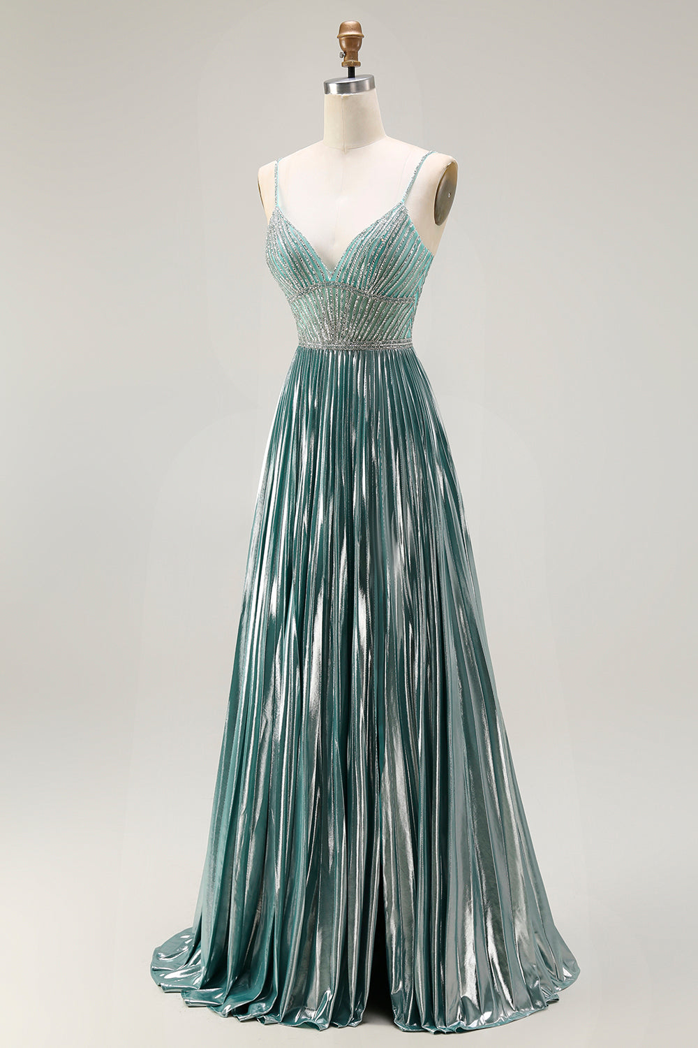Zapaka Women Metallic Grey Green Long Prom Dress A Line Pleated Beaded Spaghetti Straps Party Dress with Lace Up Back ZAPAKA Zapaka Women Metallic Grey Green Long Prom Dress A Line Pleated Beaded Spaghetti Straps Party Dress with Lace Up Back ZAPAKA