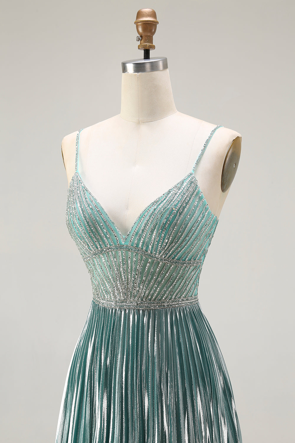 Zapaka Women Metallic Grey Green Long Prom Dress A Line Pleated Beaded Spaghetti Straps Party Dress with Lace Up Back ZAPAKA Zapaka Women Metallic Grey Green Long Prom Dress A Line Pleated Beaded Spaghetti Straps Party Dress with Lace Up Back ZAPAKA