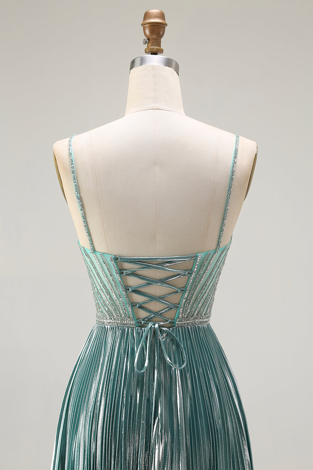Zapaka Women Metallic Grey Green Long Prom Dress A Line Pleated Beaded Spaghetti Straps Party Dress with Lace Up Back ZAPAKA Zapaka Women Metallic Grey Green Long Prom Dress A Line Pleated Beaded Spaghetti Straps Party Dress with Lace Up Back ZAPAKA