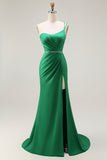 Dark Green One Shoulder Mermaid Beaded Long Prom Dress With Slit