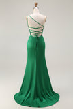 Dark Green One Shoulder Mermaid Beaded Long Prom Dress With Slit