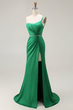 Dark Green One Shoulder Mermaid Beaded Long Prom Dress With Slit