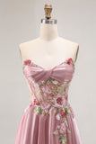 Sweetheart A Line Appliqued Grey Pink Long Prom Dress With Slit