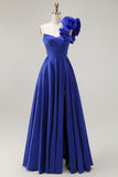 Royal Blue One Shoulder Corset A Line Satin Long Prom Dress with Slit