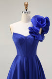 Royal Blue One Shoulder Corset A Line Satin Long Prom Dress with Slit