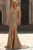 Sparkly Sequins Champagne Off the Shoulder Mermaid Long Plus Size Prom Dress with Slit