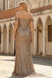 Sparkly Sequins Champagne Off the Shoulder Mermaid Long Plus Size Prom Dress with Slit