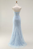 Blue Mermaid Spaghetti Straps Corset Lace Beaded Long Prom Dress with Slit
