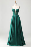 Dark Green A Line Beaded Corset Ruched Satin Long Prom Dress with Lace Up Back