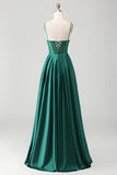 Dark Green A Line Beaded Corset Ruched Satin Long Prom Dress with Lace Up Back
