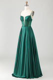 Dark Green A Line Beaded Corset Ruched Satin Long Prom Dress with Lace Up Back