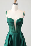 Dark Green A Line Beaded Corset Ruched Satin Long Prom Dress with Lace Up Back
