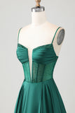 Dark Green A Line Beaded Corset Ruched Satin Long Prom Dress with Lace Up Back