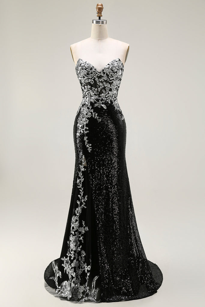 Zapaka Women Black Silver Strapless Long Prom Dress Sparkly Mermaid