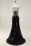 Sparkly Black Silver Mermaid Strapless Sequin Corset Strapless Long Prom Dress