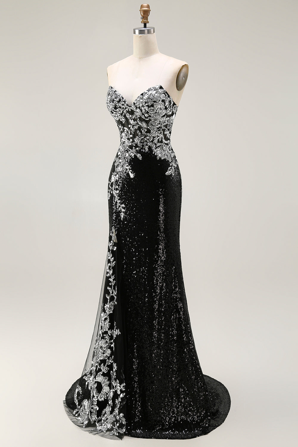 Zapaka Women Black Silver Strapless Long Prom Dress Sparkly Mermaid Strapless Sequin Corset Formal Dress, Black Silver / UK14 Zapaka Women Black Silver Strapless Long Prom Dress Sparkly Mermaid Strapless Sequin Corset Formal Dress, Black Silver / UK14