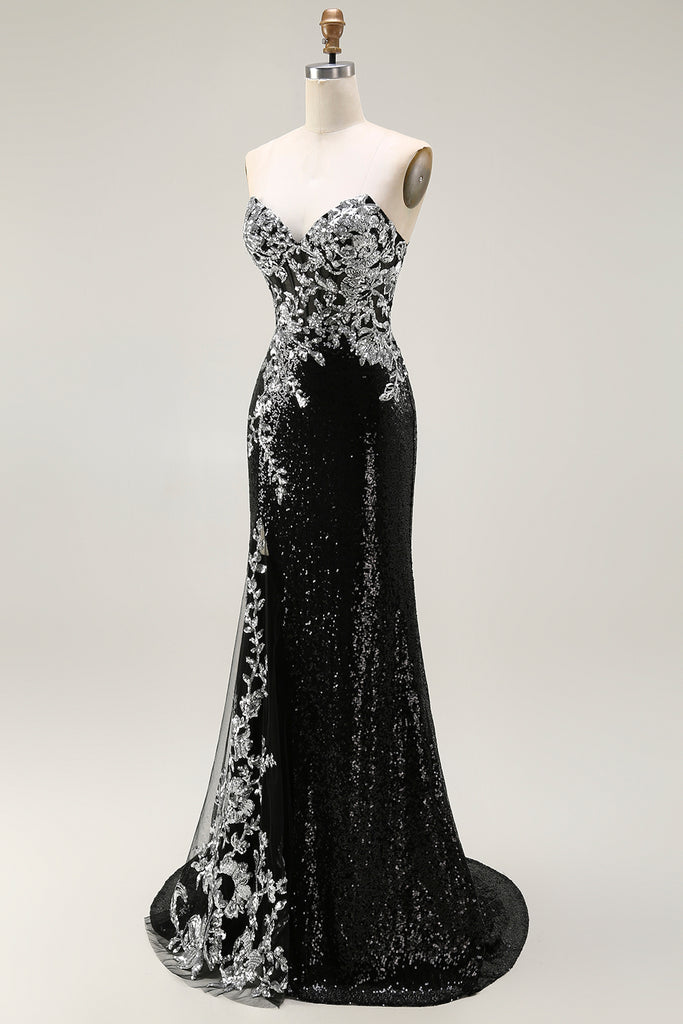 Zapaka Women Black Silver Strapless Long Prom Dress Sparkly Mermaid