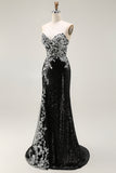 Sparkly Black Silver Mermaid Strapless Sequin Corset Strapless Long Prom Dress