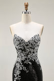 Sparkly Black Silver Mermaid Strapless Sequin Corset Strapless Long Prom Dress