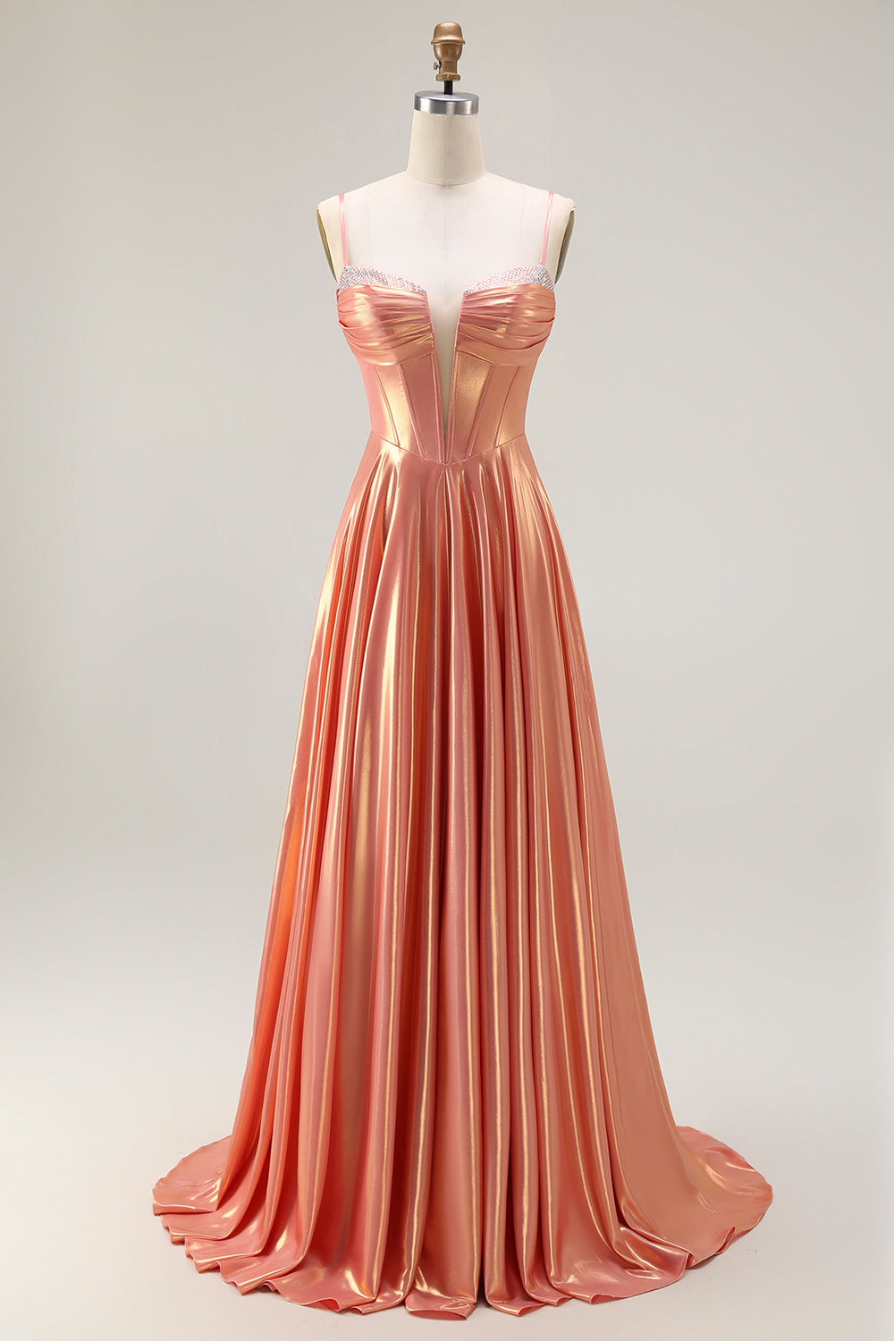 Zapaka Women Metallic Orange Long Prom Dress A Line Corset Beaded Spaghetti Straps Party Dress ZAPAKA Zapaka Women Metallic Orange Long Prom Dress A Line Corset Beaded Spaghetti Straps Party Dress ZAPAKA