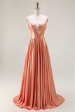 Metallic Orange A Line Corset Beaded Long Prom Dress with Lace Up Back