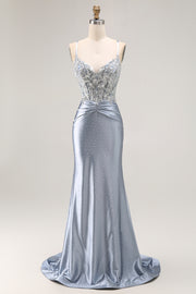 Grey Blue Mermaid Beaded Corset Long Prom Dress With Appliques