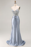 Grey Blue Mermaid Beaded Corset Long Prom Dress With Appliques