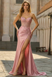 Sweetheart Blush Appliqued Corset Mermaid Beaded Long Prom Dress with Slit