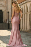 Sweetheart Blush Appliqued Corset Mermaid Beaded Long Prom Dress with Slit
