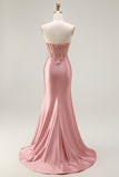 Sweetheart Blush Appliqued Corset Mermaid Beaded Long Prom Dress with Slit