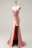 Sweetheart Blush Appliqued Corset Mermaid Beaded Long Prom Dress with Slit