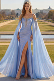 Blue Mermaid Cold Shoulder Beaded Convertible Corset Long Prom Dress with Cape Sleeves