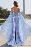 Blue Mermaid Cold Shoulder Beaded Convertible Corset Long Prom Dress with Cape Sleeves