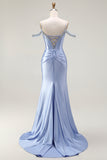 Blue Mermaid Cold Shoulder Beaded Convertible Corset Long Prom Dress with Cape Sleeves