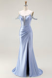 Blue Mermaid Cold Shoulder Beaded Convertible Corset Long Prom Dress with Cape Sleeves