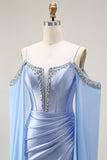 Blue Mermaid Cold Shoulder Beaded Convertible Corset Long Prom Dress with Cape Sleeves