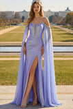 Lilac Mermaid Cold Shoulder Beaded Convertible Corset Long Prom Dress with Cape Sleeves
