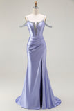 Lilac Mermaid Cold Shoulder Beaded Convertible Corset Long Prom Dress with Cape Sleeves