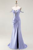 Lilac Mermaid Cold Shoulder Beaded Convertible Corset Long Prom Dress with Cape Sleeves