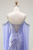 Lilac Mermaid Cold Shoulder Beaded Convertible Corset Long Prom Dress with Cape Sleeves