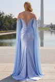 Blue Mermaid Beaded Cold Shoulder Convertible Long Plus Size Prom Dress with Slit