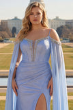 Blue Mermaid Beaded Cold Shoulder Convertible Long Plus Size Prom Dress with Slit