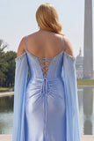 Blue Mermaid Beaded Cold Shoulder Convertible Long Plus Size Prom Dress with Slit