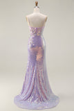 Sparkly Lilac Mermaid Corset Sequins Floral Appliqued Long Prom Dress with Slit