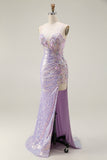 Sparkly Lilac Mermaid Corset Sequins Floral Appliqued Long Prom Dress with Slit