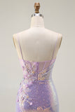 Sparkly Lilac Mermaid Corset Sequins Floral Appliqued Long Prom Dress with Slit