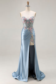 Grey Blue Mermaid Sweetheart Appliqued Corset Beaded Long Prom Dress With Slit