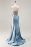 Grey Blue Mermaid Sweetheart Appliqued Corset Beaded Long Prom Dress With Slit