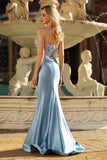 Grey Blue SweetheartMermaid Appliqued Corset Beaded Long Prom Dress with Slit